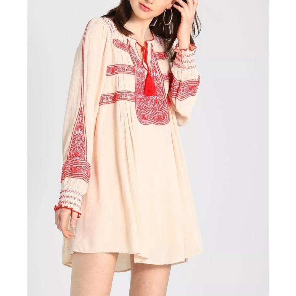 Free People Wind Willow Cashmere Dress Long Sleeve Mini Red Cream Size XS